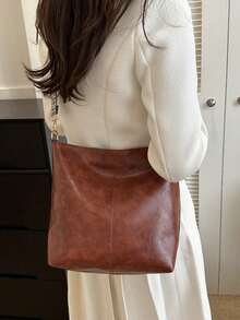Tas Hobo dengan Tali Geometris, Tas Selempang Kapasitas Besar, Tas Bahu Gaya Retro Wanita - Coklat - View 8