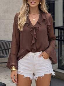 Women's V-Neck Ruffle Chiffon Blouse Brown Semi-Sheer Bell Sleeve Top - Brown - View 8