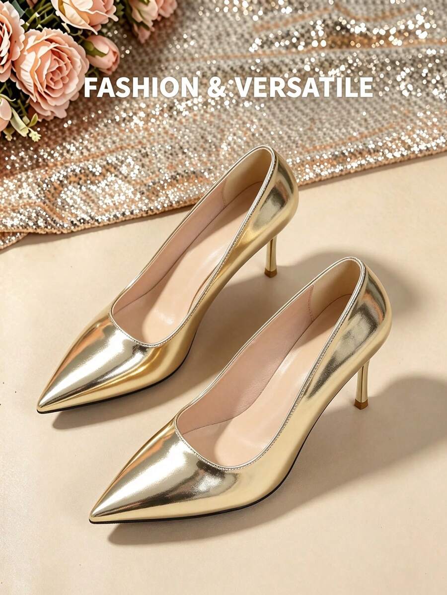 Women's Shiny Mirror Pointed Toe Stiletto High Heel Pumps, Luxury Party Style, Suitable For Party Wedding Date, All Season Low-Cut Shoes - Gold - View 1