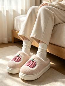1 Pair Children's Embroidered EVA Sole Design Flat Closed-Back Plush Warm Slippers, Suitable For Autumn/Winter - Khaki - View 4