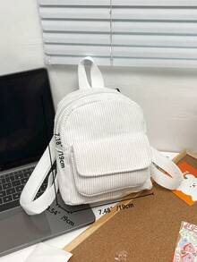 Fashionable And Versatile Solid Color Corduroy Laptop Work Backpack For Women, Mini Water Resistant Campus Daypack For High School College, - White - View 5
