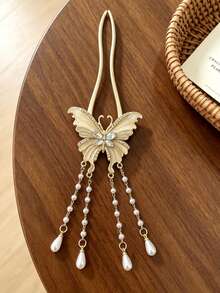 1pc Luxury Rhinestone Butterfly U-Shaped Hair Stick With Pearl Beaded Tassel, Elegant Hair Accessory For Women, Non-Damaging Hair Styling - Multicolor - View 4