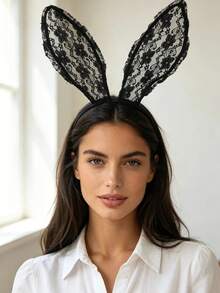 1pc Lace Rabbit Ear Headband, Sexy Hollow Lace Mesh Headpiece, Atmospheric Party Photography Mask Hair Accessory, Black & White Vintage Influencer Photo Prop - Multicolor - View 8