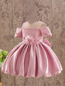 Gaun Pesta Ulang Tahun Anak Perempuan Model Puff Satin dengan Leher Bulat dan Bordir Pita yang Indah, Cocok untuk Pesta Malam dan Wisuda. - Dusty Pink - View 6