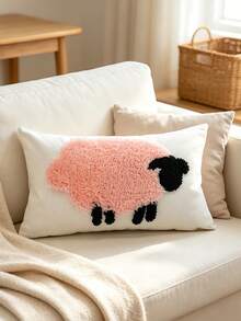 1pc Cute Sheep Flocked Rectangular Throw Pillow Cover, Cartoon Animal Fabric Cushion Case, Living Room Bedroom Sofa Decorative Pillowcase Without Pillow Insert - Pink - View 5