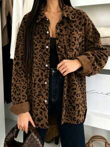 Blus Wanita Ukuran Besar Motif Leopard Lengan Panjang Berpotongan Lebar dengan Leher V, Panjang Standar, Atasan Musim Gugur yang Modis - Rust Brown - View 3