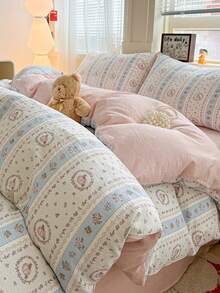Vintage Romantic Floral Bedding Set, Synthetic Fiber, Includes 1 Duvet Cover, 1 Bed Sheet, 2 Pillowcases, Does Not Include Duvet Insert And Pillow Insert, Pillowcase Pattern Randomly Cut, - Pink - View 11