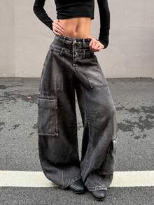 1pc American Street Retro Women's Patchwork Multi-Pocket Double-Waist Cargo Loose Jeans Fashion Wide-Leg Denim Pants All-Season Versatile Long Pants (Belt/Accessories Not Included) - Black - View 1