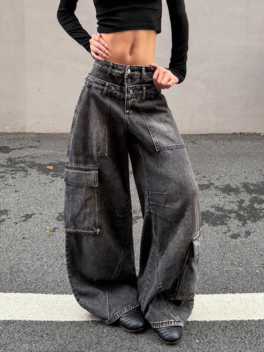 1pc American Street Retro Women's Patchwork Multi-Pocket Double-Waist Cargo Loose Jeans Fashion Wide-Leg Denim Pants All-Season Versatile Long Pants (Belt/Accessories Not Included) - Black - View 1