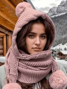 1pc 3-Ball Pom Pom Knitted Hat With Scarf, Autumn/Winter Multi-Purpose Cute Pom Pom Earflap Thick Warm Knit Hat - A - View 4