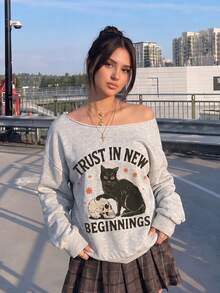 Women's Halloween Heather Gray Off‑The‑Shoulder Oversized SweatshirtBlack Cat &Skull Print Casual Long‑Sleeve Pullover For Fall Back‑To‑School Outfits - Grey - View 4