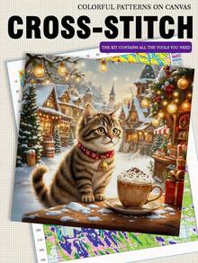 11/14CT Printed Cross Stitch Set. Cat Drinking Coffee Patterns Cross Embroidery Patterns. Adult Beginners Relax And DIY. Including Fabric, Needles, Threads, And Illustrations. No Frame. Handmade Wall Decoration Gifts. 40x40cm/15.7x15.7in - 40x40cm/15.7x15.7in - View 12
