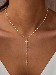Cross Long Necklace 14k Gold Plated Lariat Long Cross Necklaces For Women Simple Statement Drop Necklace Fashion Body Chain Prom Jewelry - Gold - View 2