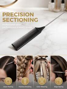 Rat Tail Hair Comb, Professional Fine‑Tooth Pointed Tail Styling Comb, Anti‑Static Hair Parting Teasing Comb For Salon Hairdressing Braiding Dyeing - Black - View 8