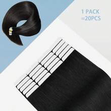 Extensiones de cabello con cinta adhesiva, 1 unidad, 20 unidades, de 18 a 24 pulgadas, cabello natural y liso, cabello humano auténtico para mujeres, sin costuras, con doble cara, para aplicación con cinta adhesiva. - Natural Black - Ver 7