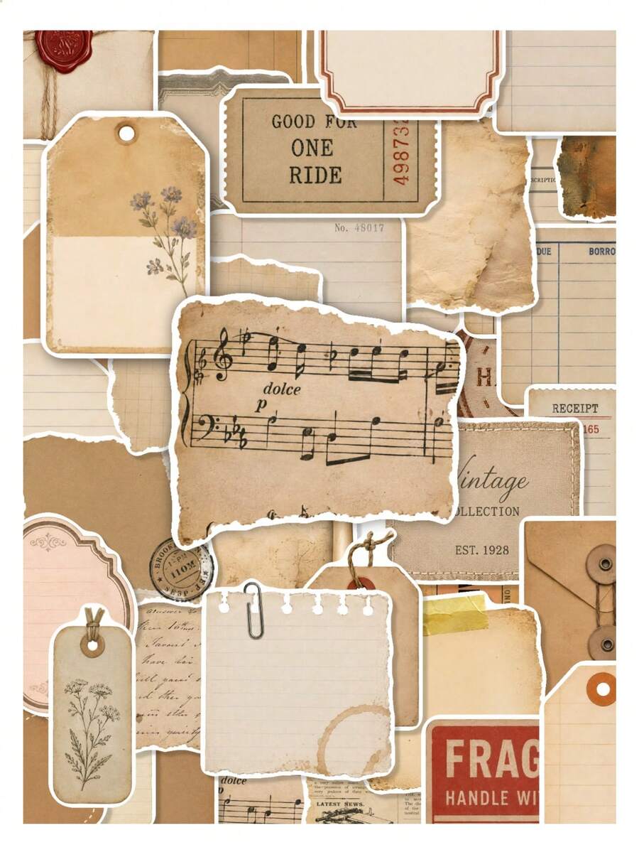 50Pcs Retro Junk Journal Decorative Stickers, Vintage Antique Paper Ticket Sheet Music Waterproof Stickers, Ephemera Decals For DIY Crafts, Album, Stationery Decoration - A - View 1
