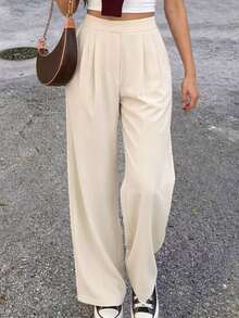 Fashion Plus Size Woven Wide Leg Long Pants With Pockets, Non-Stretch, Suitable For Daily Wear - Apricot - View 2