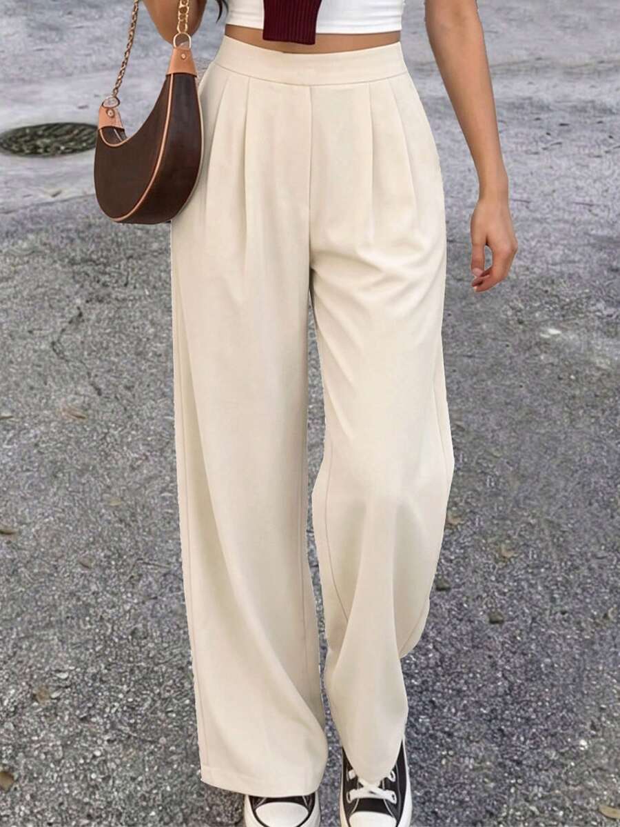 Fashion Plus Size Woven Wide Leg Long Pants With Pockets, Non-Stretch, Suitable For Daily Wear