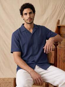 glestore Men's Retro "Old Money" Style Solid-Color Short-Sleeve Summer Shirt For Everyday Commuting And Casual Wear - Navy Blue - View 5