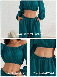 Women's Summer Pajama Set, Fashion Solid Color Sexy Off-Shoulder Long Sleeve Top With Lace,Loose Comfortable Loungewear 2-Piece Set - Green - View 10