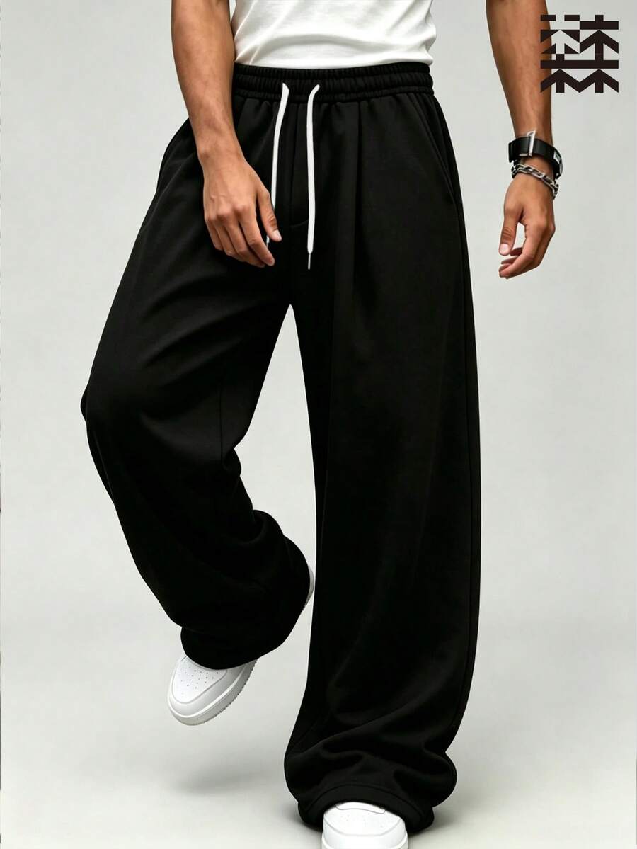 Mulinsen Men's Drawstring Elastic High Waist Pleated Wide Leg Sweatpants, Light Heather Gray Solid Color Fleece Fabric, Front Waist Pleated Draped Cut - Black - View 1