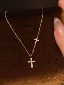 1pc Niche Creative Super Shiny Double Cross Necklace, Suitable For Women's Daily And Party Wear - Yellow Gold - View 6