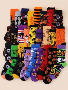 1/3/5/10 Pairs Random Halloween Party Theme Skull Pumpkin Pattern Mid-Calf Socks For Men And Women - Multicolor - View 20
