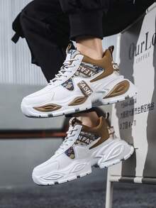 Men's Pattern Patchwork High-Top Chunky Sneakers With Letter Webbing Decor, Thick Sole Height-Increasing Athletic Shoes For Daily Streetwear, Commuting, Dating, Versatile Casual Shoes For Boys - Khaki - View 6