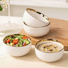 YOLIFE 2/4/6pcs Ceramic Bowl Set, Elegant Gold Rim Design, Kitchen Accessories, Pasta Bowl, Rice Bowl, Breakfast Bowl, Suitable For Serving Hot Noodles, Rice And More, Ideal For Home, Restaurant, Party Use, Perfect Holiday Gift - Multicolor - View 6