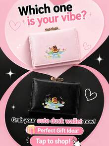 New Duck Cartoon Short Wallet, INS Style Cute & Playful Kawaii Print PU Leather Card Holder With Multiple Card Slots, Student Coin Purse, Women's Wallet, Coin Pouch - Multicolor - View 8