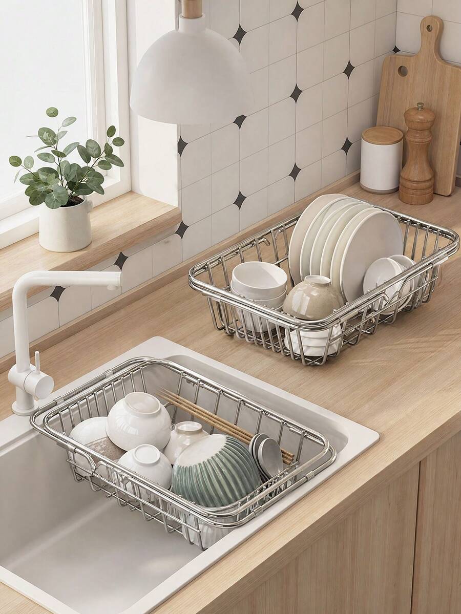 1pc Expandable Rustproof Stainless Steel Over Sink Dish Drainer Basket, Adjustable Telescopic Kitchen Sink Storage Rack, Dish Drying Holder For Plates, Bowls, Chopsticks & Tableware, Space Saving Kitchen Counter Organizer Home Gadget - Multicolor - View 1