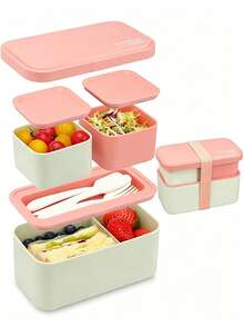 Bento Box, 2-In-1 Stackable Lunch Box, Suitable For Adults And Children, With Utensils, Leak-Proof Snack Box, With Compartments, Suitable For School, Office, Camping, Microwave And Dishwasher - Multicolor - View 2