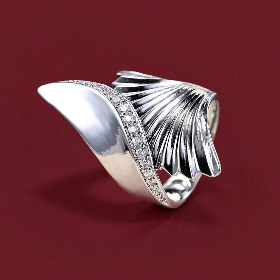 1pc Personalized Fan-Shaped Shell Design Open Adjustable Ring With Synthetic Cubic Zirconia For Women - Multicolor - View 1