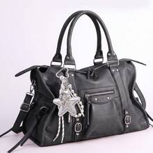 大容量粉色拼色PU單肩托特包，拉鍊細節，鉚釘流蘇結飾，抽繩收口，環繞式扣環 - 黑色 - 查看 7