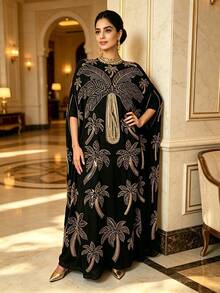 Luxury Sequin Palm Tree Embroidered High Neck Batwing Sleeve Kaftan Women's Long Robe Middle Eastern Style Banquet Dress - Black Gold - View 3