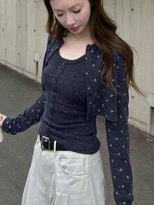 Floral Knit 2 Pieces Set Black & Grey Autumn/Winter Gorgeous Short Knit Cardigan & Tank Top - Navy Blue - View 1