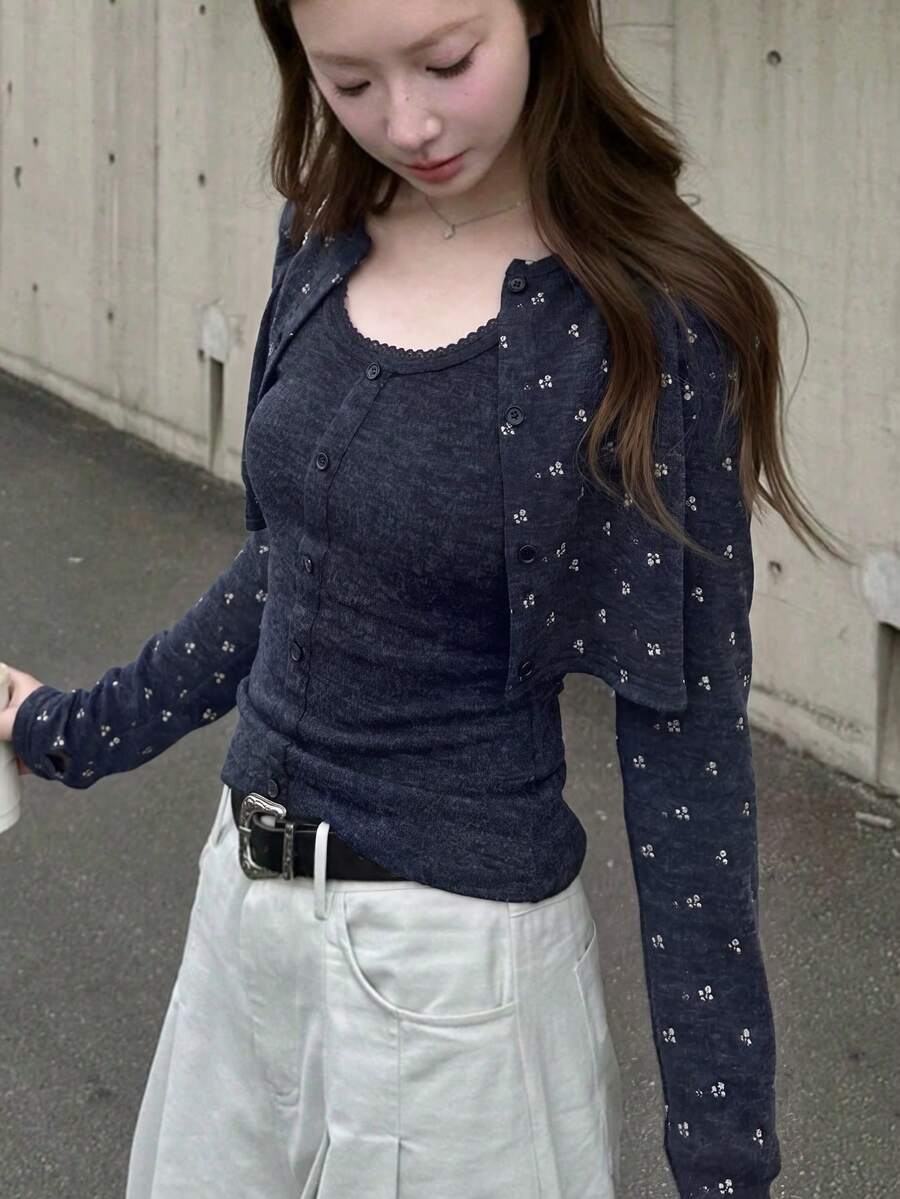 Floral Knit 2 Pieces Set Black & Grey Autumn/Winter Gorgeous Short Knit Cardigan & Tank Top - Navy Blue - View 1