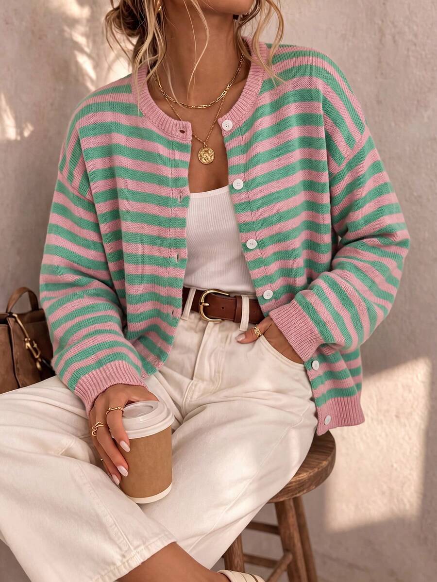 Women's 1pc Colorful Striped Button-Up Cardigan, Y2K Preppy Style Round Neck Long Sleeve Knit Jacket, Loose Fit Knit Cardigan, Suitable For Campus, Streetwear, Weekend Gatherings - Pink - View 1