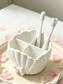 Bow Lace Shell Shaped Four Grid Toothbrush Holder, Bathroom Sink Toothpaste And Makeup Pen Compartment Storage Box, Multifunctional Desktop Small Item Classification Storage Basket, Suitable For Household Use - Multicolor - View 3
