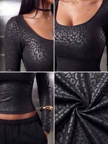 Kaos Wanita Kasual Motif Leopard Bertekstur Leher Persegi Potongan Slim Fit Lengan Panjang untuk Pakaian Sehari-hari Musim Dingin/Gugur, Busana Musim Dingin/Gugur - Hitam - View 8