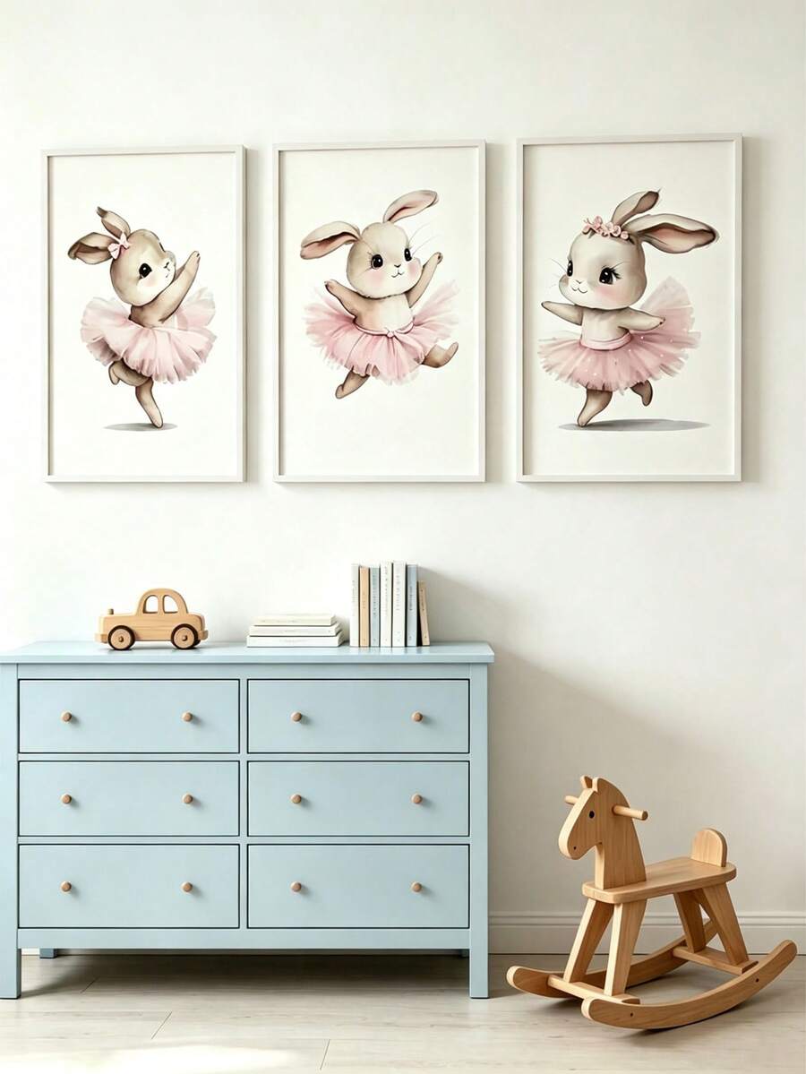 3pcs Canvas Wall Art Set, Frameless Waterproof Poster, Ballet Rabbit Print, Home Decor, Children's Room Boys Girls Bedroom, Perfect Gift - Multicolor - View 1