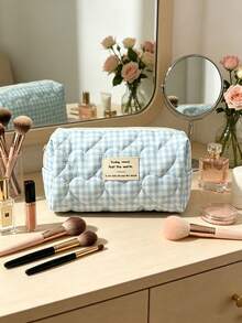 1pc/Set Plaid Pattern Cute Makeup Bag Set, Portable Travel Makeup Bag, Cosmetic Storage Bag, Jewelry Storage Bag, Multi-Functional Storage Bag, Women's Zipper Clutch, Can Store Cosmetics, Teacher's Day Gift, Friend Gift, Back To School Gift, Travel Essential, Cruise Essential, Dorm Essential - Baby Blue - View 8