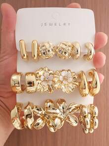 6-18PCS Gold Women's Earrings Set, Heavy Metal Feel Dual-Color Flower Design, Geometric Multi-Element Collection, Suitable For Women's Daily Wear. (Lightweight CCB Material, Non-Fading, Please Confirm Material Suitability Before Purchase) - Multicolor - View 1