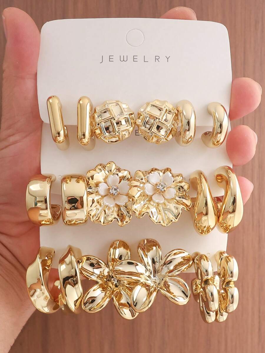 6-18PCS Gold Women's Earrings Set, Heavy Metal Feel Dual-Color Flower Design, Geometric Multi-Element Collection, Suitable For Women's Daily Wear. (Lightweight CCB Material, Non-Fading, Please Confirm Material Suitability Before Purchase) - Multicolor - View 1