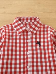 Young Boy Spring/Autumn Plaid Long Sleeve Embroidered Turn-Down Collar Casual Versatile Shirt - Red - View 4