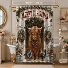 1件/4件農場高地牛圖案多功能浴室裝飾淋浴簾套裝，附贈12個掛鉤，高級節日氛圍，浴室地墊、U型地毯和圓形馬桶蓋套，適用於所有場景，浴室套裝 - 農場高地牛 - 查看 13