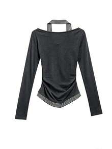 Korean Style Halter Neck Cold Shoulder Printed 2 In 1 Long Sleeve T-Shirt Top - Grey - View 2