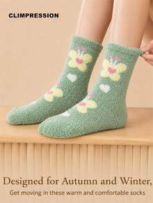 CLIMPRESSION Women's Plush Socks, Colorful Butterfly Print Coral Fleece Socks, Soft Fluffy Mid-Calf Slipper Socks, Comfortable Warm Winter Socks - Green - View 4