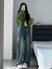 女款冬季必備，厚款雙向拉鍊純色開襟針織衫，休閒風格，適合秋冬返校季 - 草綠色 - 查看 3