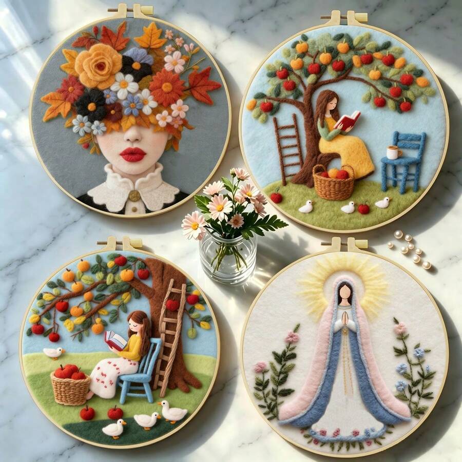 Needle Felting Kit For Beginners. 2D Flat Printing. Gentle Woman. For New & Skilled Crafters. DIY Wool Painting Set. Includes Foam Mat, Felt, Hoop & Guide. Handmade Home Decor Ornament. 20x20cm/7.87x7.87in.